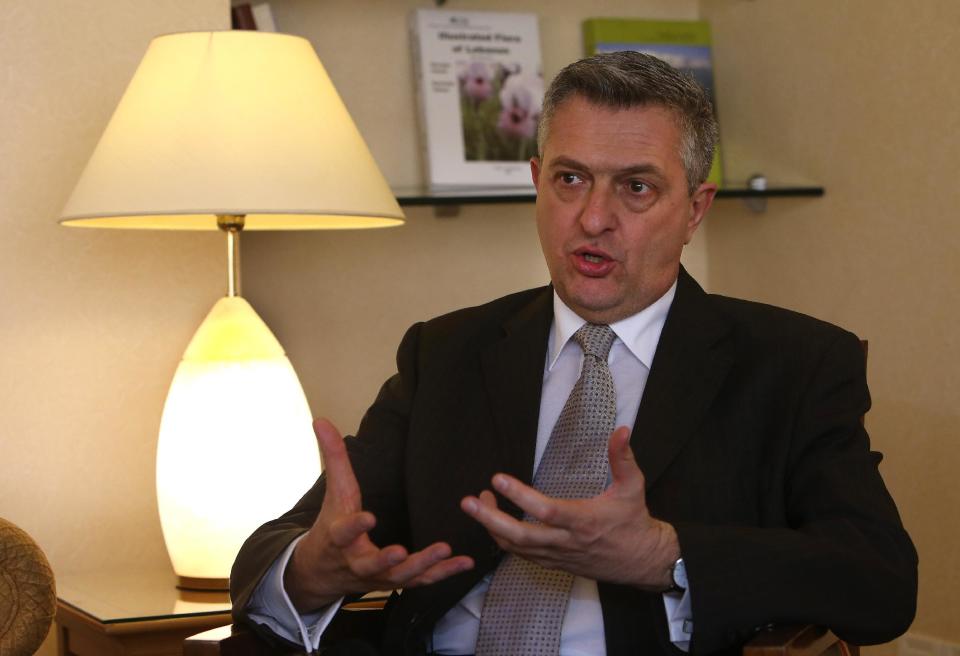 Filippo Grandi, the Commissioner General of UNRWA, speaks during an interview with the Associated Press, in Beirut, Lebanon, Tuesday, Feb. 25, 2014. A day after a rare visit to the besieged Palestinian camp of Yarmouk in Damascus, the chief of the United Nations relief agency supporting Palestinian refugees welcomed last week’s U.N. Security Council resolution calling for immediate access for humanitarian aid to all areas of Syria. Grandi said in Beirut that the resolution, unanimously adopted by the security council, “gives us a tool to argue in favor of access that is stronger than any other tool we’ve ever had before in Syria.” (AP Photo/Hussein Malla,Pool)