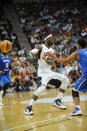 LeBron James #6 of the US Men's Senior National Team passes against the Dominican Republic during an exhibition game at the Thomas and Mack Center on July 12, 2012 in Las Vegas, Nevada. (Noah Graham/NBAE via Getty Images)