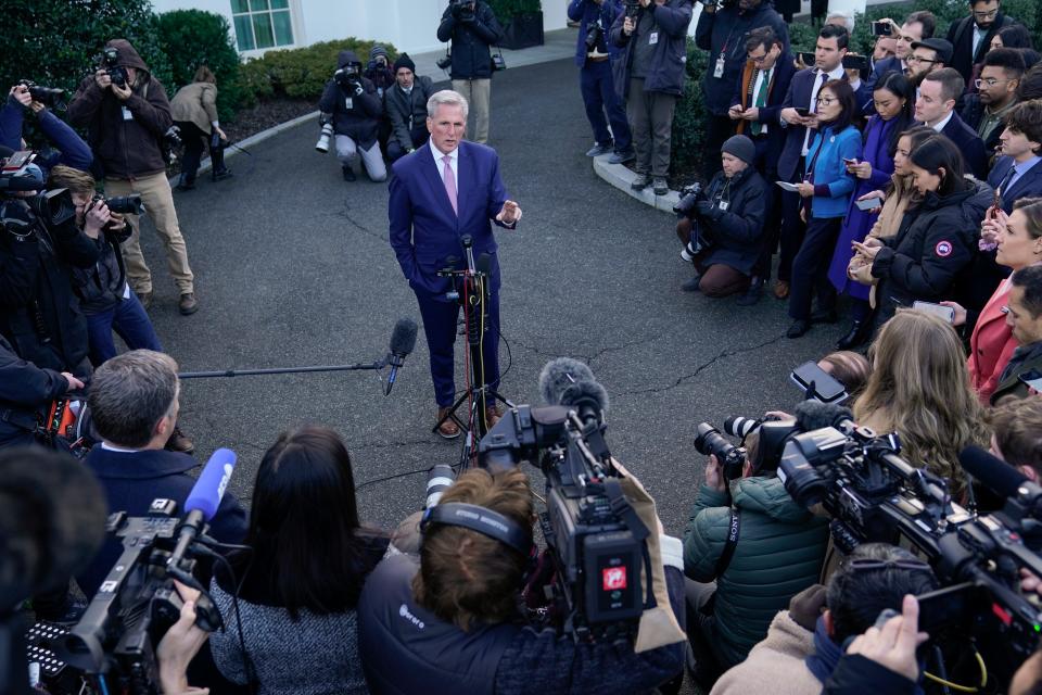 House Speaker Kevin McCarthy of Calif., talks with reporters outside the West Wing of the White House in Washington following his meeting with President Joe Biden, Wednesday, Feb. 1, 2023. (AP Photo/Susan Walsh) ORG XMIT: DCSW303