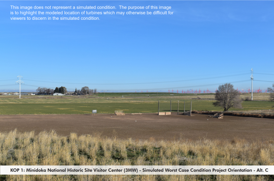 A visual simulation showing what the nearest turbine siting corridor would look like from the Minidoka National Historic Site visitors center under Alternative C.