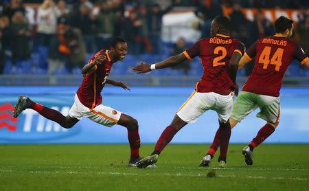 Football Soccer - AS Roma v Genoa - Italian Serie A - Olympic Stadium, Rome, Italy - 20/12/15. AS Roma's Umar Sadiq (L) celebrates after scoring against Genoa. REUTERS/Tony Gentile