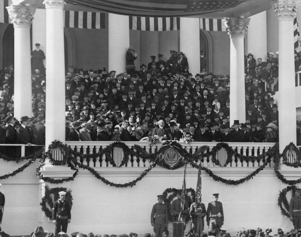 Warren G. Harding delivers his inaugural address from a stand along&nbsp;the East Portico of the Capitol in 1921.