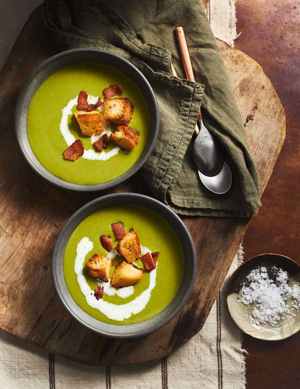 Creamy Collard Green Soup with Bacony Croutons