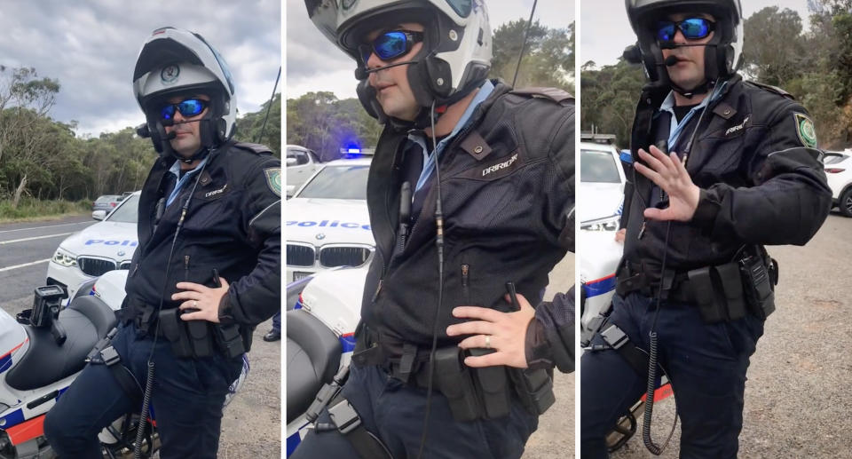 A motorcyclist allegedly clocked at 106km/h in a 60km/h zone launched a bizarre tirade on the Highway Patrol officer. Source: TikTok