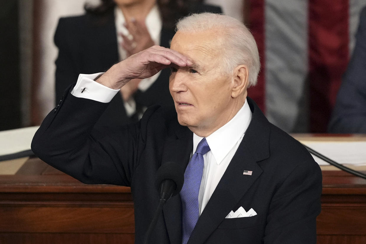 President Biden looks out at the audience as he delivers the State of the Union address to a joint session of Congress.