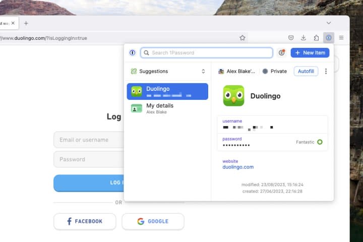 The 1Password browser extension in Firefox, showing an autofill option for Duolingo.