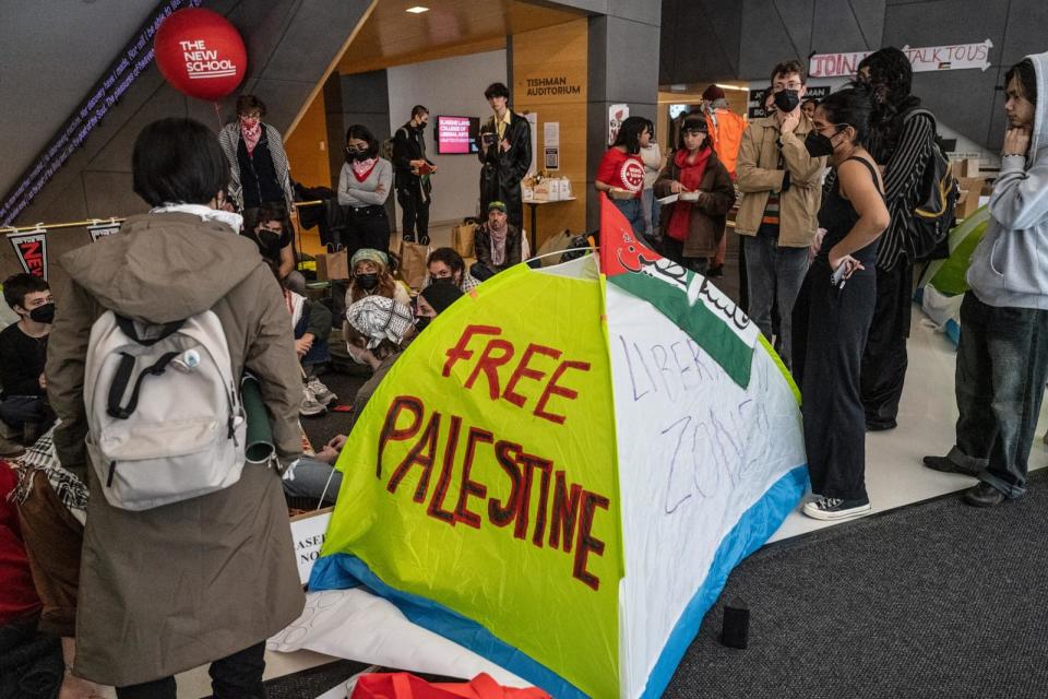 PHOTO: Student activists set up a protest encampment in support of Palestine inside the New School on April 21, 2024 in New York City. (Stephanie Keith/Getty Images)