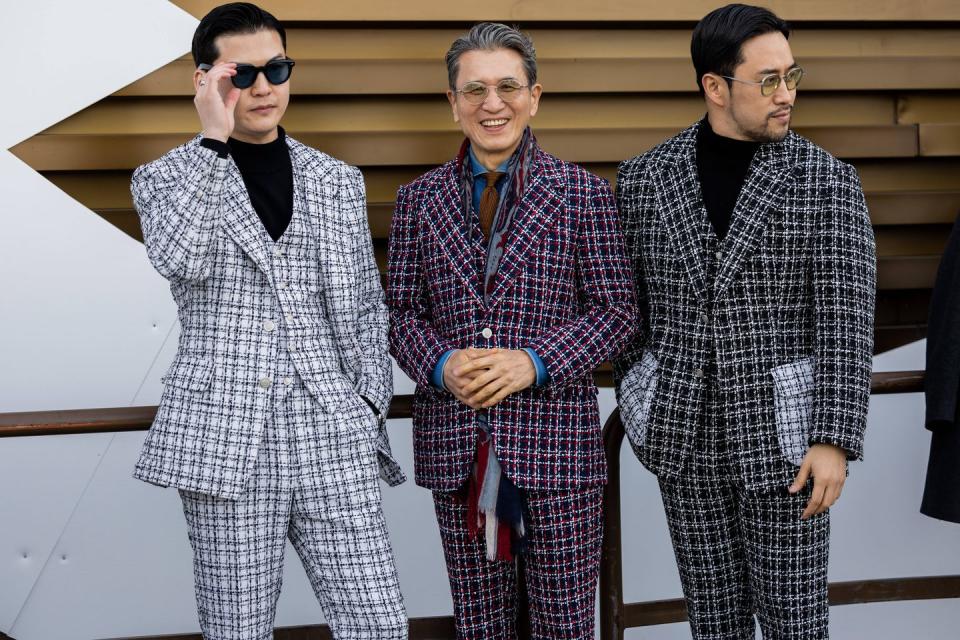 florence, italy january 11 guest wear suits with pattern at fortezza da basso on january 11, 2023 in florence, italy photo by christian vieriggetty images