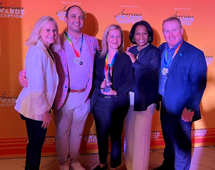 From left, Rachel Barger, SVP Americas Sales, Cisco; Brian Cuppett, SVP, Modern Communications, ScanSource; Kristin Hill, VP, Cisco Business Segment, ScanSource; Rhonda Henley, VP Americas Channels, Cisco; and Tony Sorrentino, President, ScanSource Specialty.