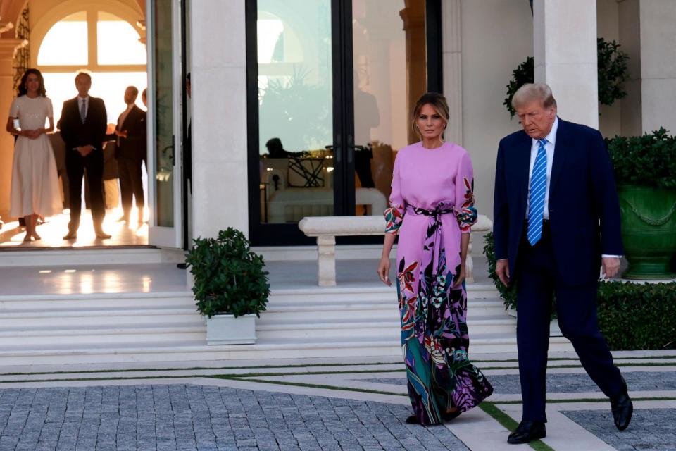 PHOTO: Donald Trump and Melania Trump arrive at the home of billionaire investor John Paulson on April 6, 2024 in Palm Beach, Florida. (Alon Skuy/Getty Images)