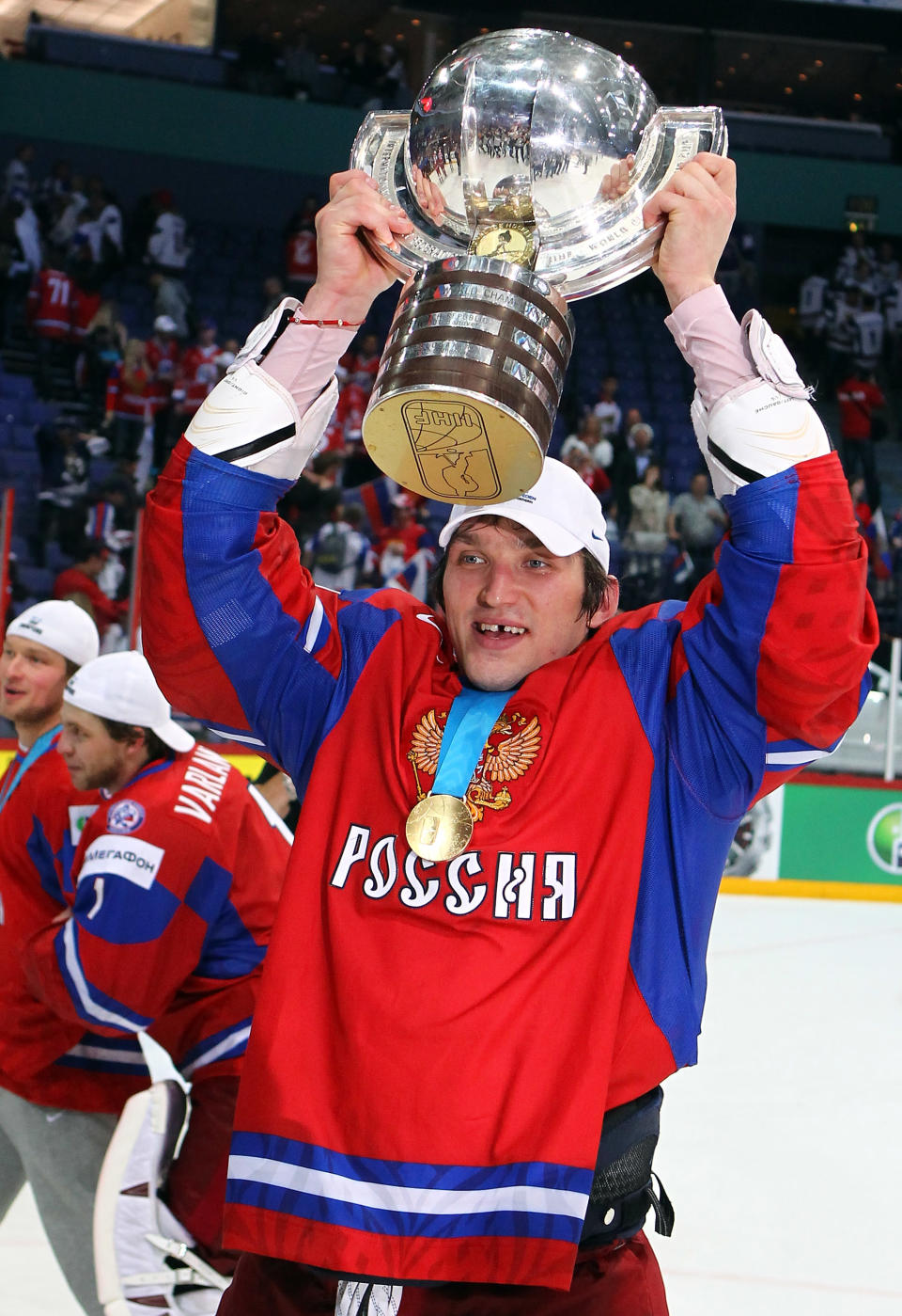 HELSINKI, FINLAND - MAY 20: Alexander Ovechkin of Russia celebrates after winning the gold medal after the IIHF World Championship gold medal match between Russia and Slovakia at Hartwall Arena on May 20, 2012 in Helsinki, Finland. (Photo by Martin Rose/Bongarts/Getty Images)