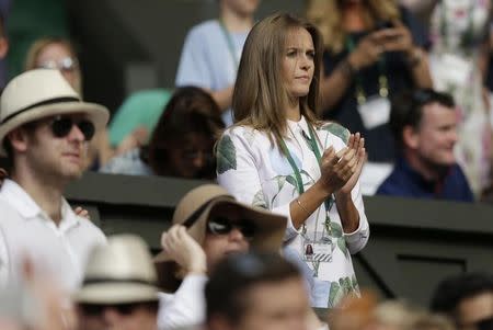 Kim Murray in the stands to watch her husband, Andy Murray of Britain play his match against Andreas Seppi of Italy at the Wimbledon Tennis Championships in London, July 4, 2015. REUTERS/Henry Browne