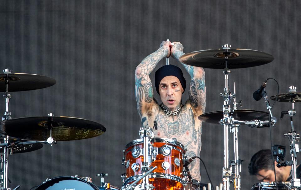 Blink-182 drummer Travis Barker plays "Anthem, Part 2" during their set in the Sahara tent during the Coachella Valley Music and Arts Festival at the Empire Polo Club in Indio, Calif., Friday, April 14, 2023. 