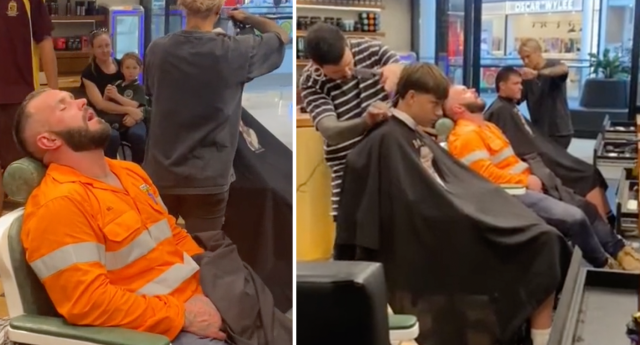 Tradie s hilarious act in barber shop after a day of hard yakka