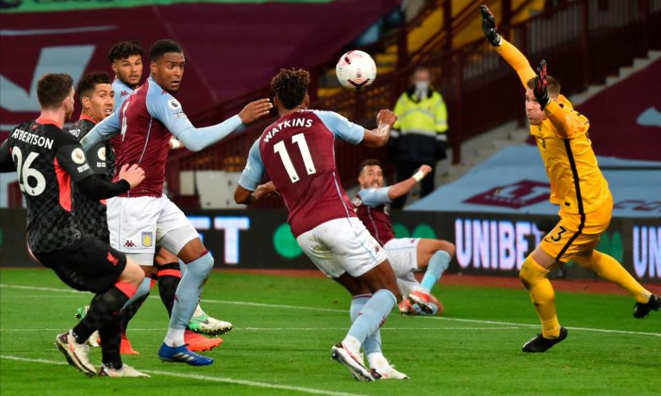 Ollie Watkins scores one of his three goals during Aston Villa’s astonishing 7-2 win over the champions Liverpool at Villa Park earlier this month.