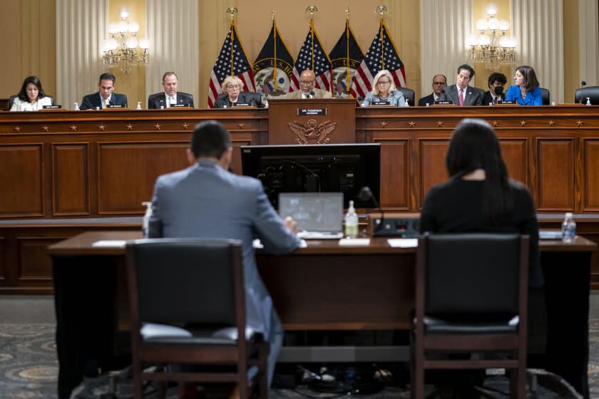 WASHINGTON, DC - MARCH 28: Chairman Rep. Bennie Thompson (D-MS) delivers remarks during a Select Committee to Investigate the January 6th Attack on the U.S. Capitol committee business meeting on Capitol Hill onMonday, March 28, 2022 in Washington, DC. The committee met to consider a vote to recommend contempt of Congress charges for Dan Scavino, former President Donald Trump's deputy chief of staff for communications, and Peter Navarro, former President Trump's trade advisor, for refusing to cooperate with subpoenas from the committee as part of their investigation into the January 6, 2021 insurrection. (Kent Nishimura / Los Angeles Times)