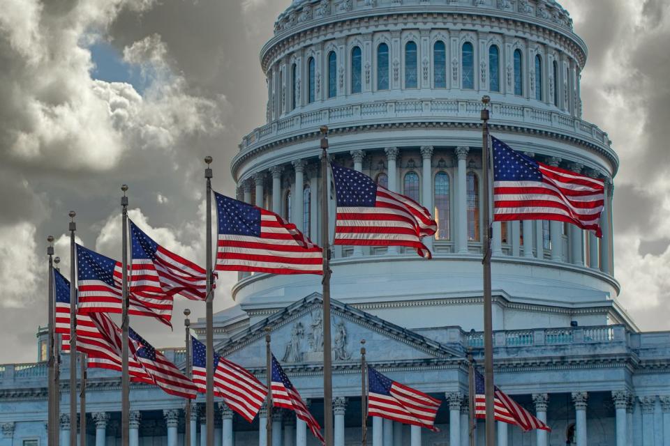 A picture of Capitol Hill with U.S. flags waving in the wind