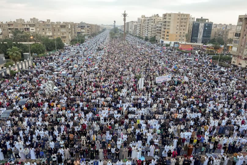 Thousands of Muslims offer Eid al-Fitr prayers outside al-Seddik mosque in Cairo, Egypt, Wednesday, April 10, 2024.