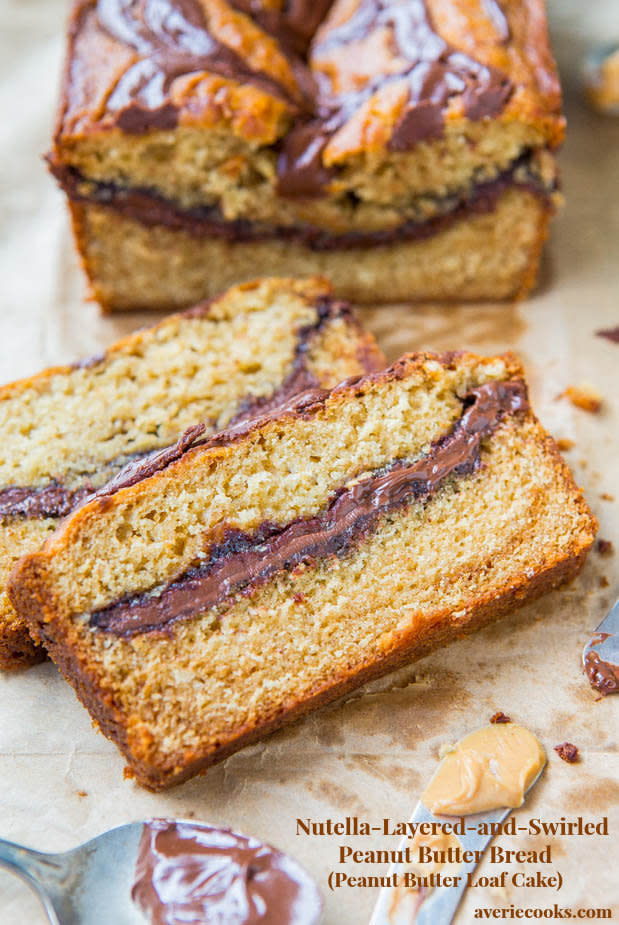 <strong>Get the <a href="https://www.averiecooks.com/2013/12/nutella-layered-and-swirled-peanut-butter-bread-peanut-butter-loaf-cake.html" target="_blank">Nutella-Layered-and-Swirled Peanut Butter Bread</a> recipe from Averie Cooks</strong>