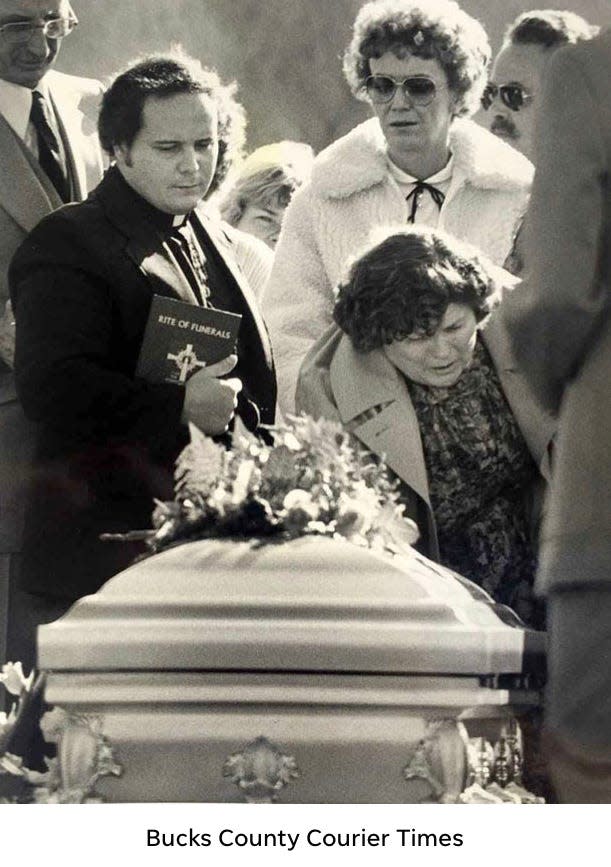 Mary Goeke collapses in grief on her daughter Diane's casket at Resurrection Cemetery in Bensalem. She and her husband, Bill, never fully recovered from the trauma of Diane's murder.