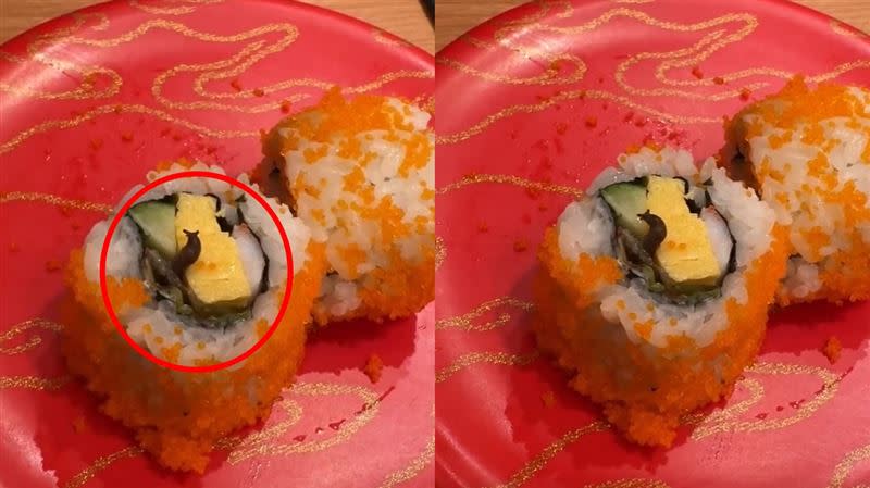 網友到迴轉壽司用餐，驚見蛞蝓蠕動。（圖／翻攝自爆料公社）
