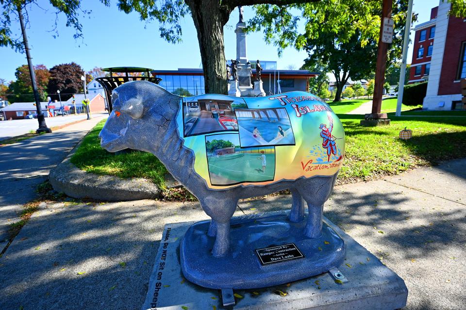 Slater's Sheep outside Webster Town Hall sponsored by Rampco Construction Co. Inc.  by Dudley artist Dave Laabs.