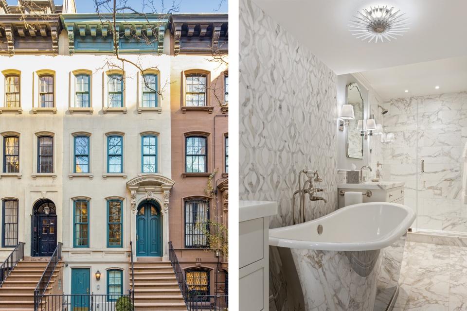 Inspirato's Breakfast at Tiffany's Brownstone's exterior and marble bathroom and silver tub
