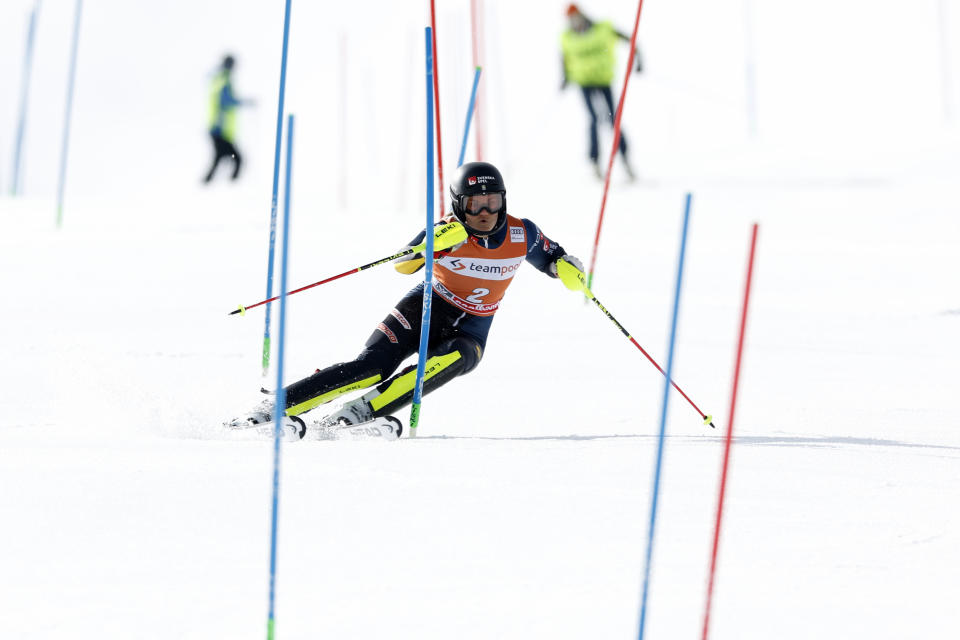 Sweden's Anna Swenn Larsson competes during the first run of an alpine ski, women's World Cup giant slalom race, in Saalbach, Austria, Saturday, March 16, 2024. (AP Photo/Alessandro Trovati)