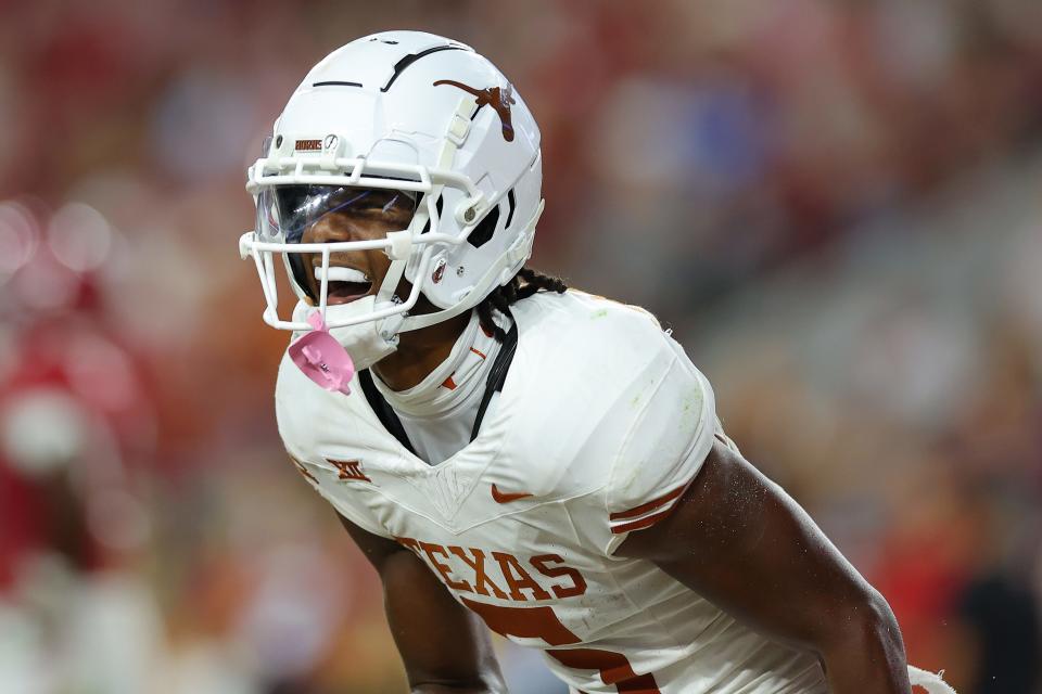 TUSCALOOSA, ALABAMA - SEPTEMBER 09: Adonai Mitchell #5 of the Texas Longhorns celebrates after catching the ball for a touchdown during the fourth quarter against the Alabama Crimson Tide at Bryant-Denny Stadium on September 09, 2023 in Tuscaloosa, Alabama. (Photo by Kevin C. Cox/Getty Images)