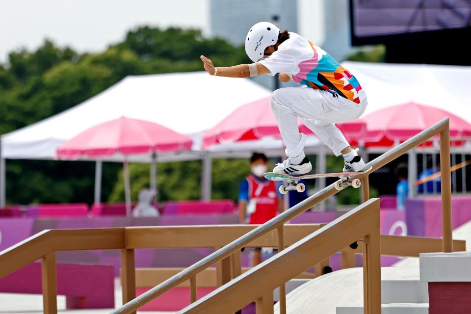 Momiji Nishiya (JPN) competes in the women's street skateboard event during the Tokyo 2020 Olympic Summer Games at Ariake Urban Sports Park.