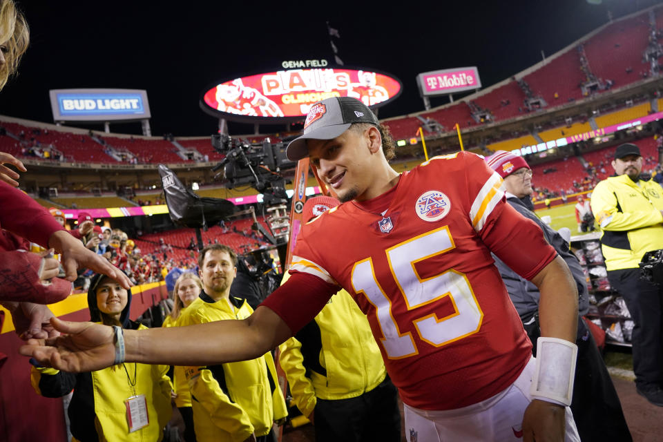 Kansas City Chiefs quarterback Patrick Mahomes heads off the field following an NFL football game against the Pittsburgh Steelers Sunday, Dec. 26, 2021, in Kansas City, Mo. (AP Photo/Ed Zurga)