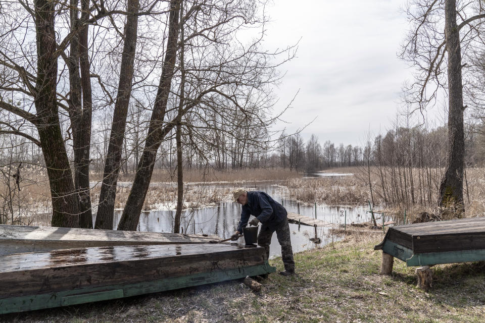 Yevgeny Markevich, an 85-year-old former teacher, repairs a boat near his house at the Chernobyl exclusion zone, Ukraine, Wednesday, April 14, 2021. Markevich said "It's a great happiness to live at home, but it's sad that it's not as it used to be." Today, he grows potatoes and cucumbers on his garden plot, which he takes for tests "in order to partially protect myself." The vast and empty Chernobyl Exclusion Zone around the site of the world’s worst nuclear accident is a baleful monument to human mistakes. Yet 35 years after a power plant reactor exploded, Ukrainians also look to it for inspiration, solace and income. (AP Photo/Evgeniy Maloletka)