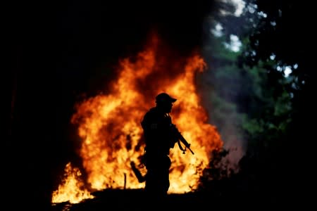 FILE PHOTO: Trucks loaded with tree trunks are burned by agents of the Brazilian Institute for the Environment and Renewable Natural Resources, or IBAMA, during an operation to combat illegal mining and logging, in the municipality of Novo Progresso