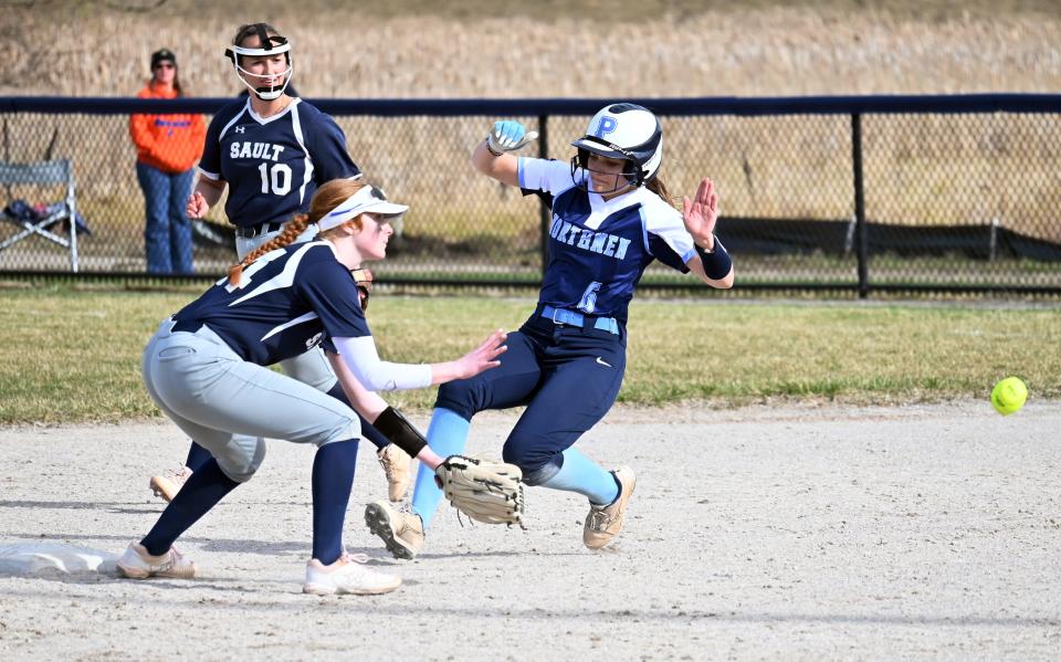 Petoskey's Jaidyn Ecker slides into second base on a steal during Tuesday's opener against Sault Ste. Marie.