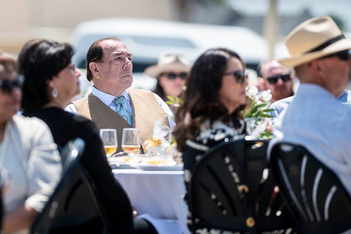 Former Merced College President Dr. Ben Duran looks on during the Merced College State of the College event where he and wife Dr. RoseMary Parga Duran, former Merced City School District Superintendent, were honored with the President’s Medallion Award recognizing them as among the college’s greatest supporters in Merced, Calif., on Thursday, April 25, 2024. Merced College’s Business Resource Center, located at 630 W. 19th Street, has been renamed the Dr. Benjamin T. Duran Business Resource Center.