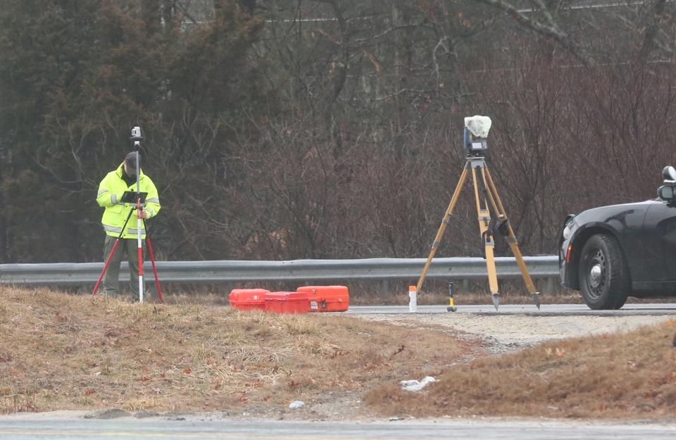 New Hampshire State Police investigate a fatal car crash in the southbound lane of Interstate 95 near the border of Greenland and Portsmouth Wednesday, Feb. 28, 2024.