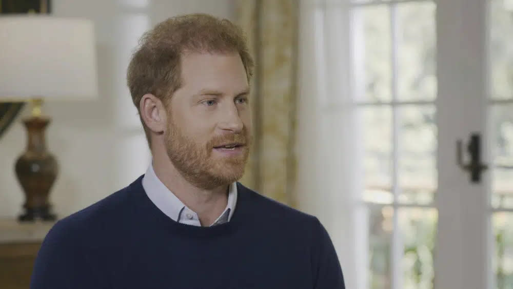 This undated screengrab issued by ITV on Friday Jan. 6, 2023 shows Britain’s Prince Harry speaking during an interview with ITV’s Tom Bradby for the programme Harry: The Interview. (Harry: The Interview on ITV1 and ITVX at 9pm on January 8/PA via AP)