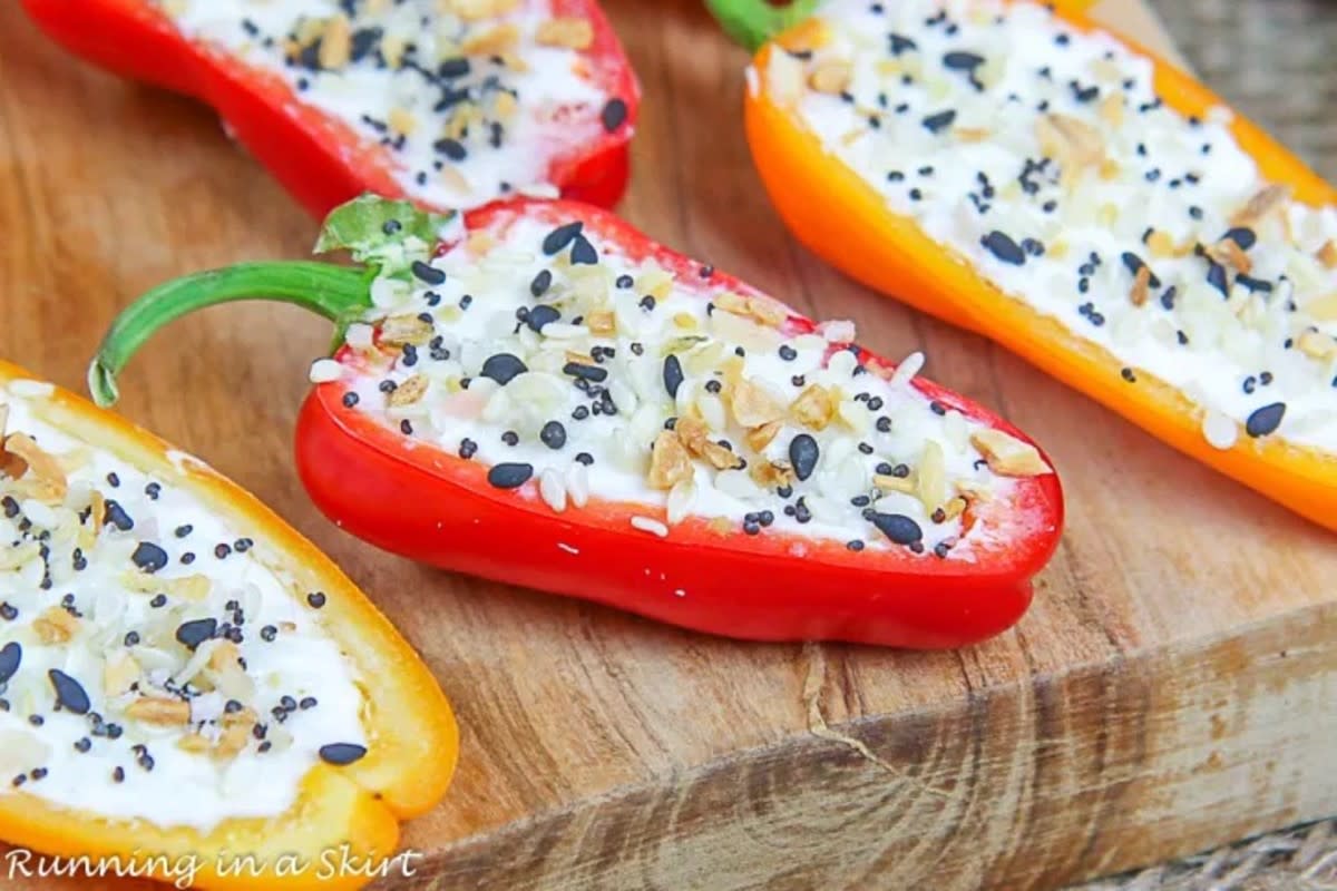 <p>Running In A Skirt</p><p>Perfect use for that bag of mini peppers on sale this week.</p><p><strong>Get the recipe: <a href="https://www.runninginaskirt.com/cream-cheese-stuffed-mini-peppers-everything-bagel/" rel="nofollow noopener" target="_blank" data-ylk="slk:Everything Bagel Cream Cheese Stuffed Mini Peppers;elm:context_link;itc:0;sec:content-canvas" class="link rapid-noclick-resp">Everything Bagel Cream Cheese Stuffed Mini Peppers</a></strong></p>