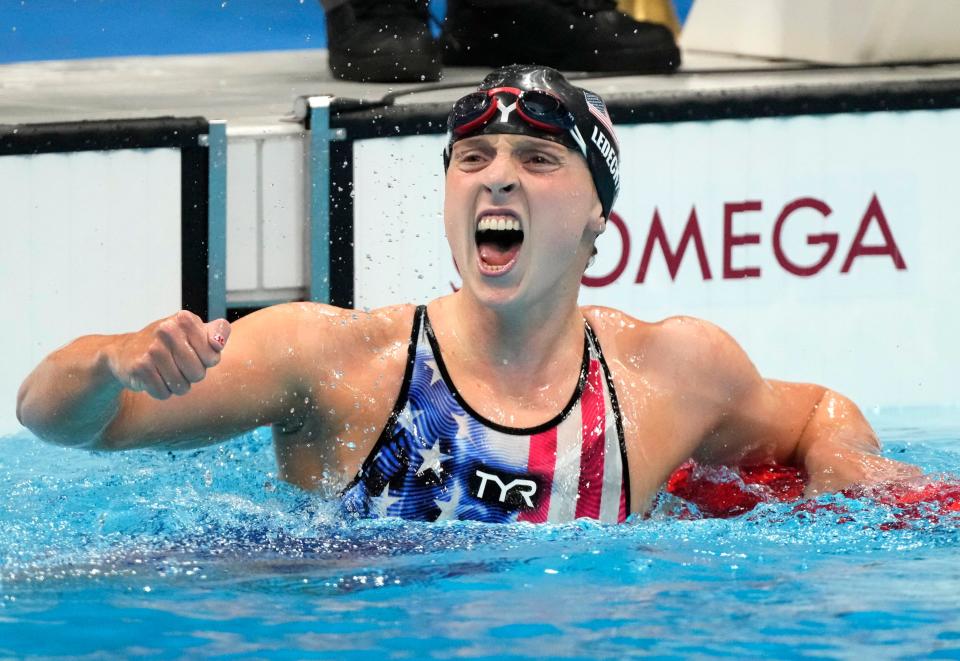 Katie Ledecky (USA) celebrates after winning the women's 1500m freestyle final on Wednesday, July 28, 2021, during the Tokyo 2020 Olympic Summer Games at Tokyo Aquatics Centre in Tokyo, Japan.