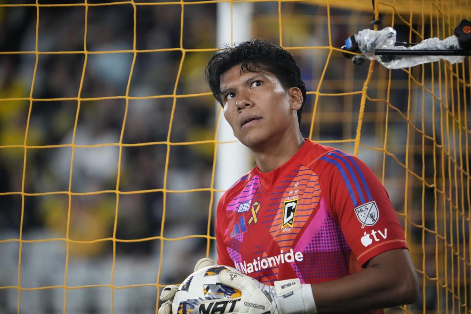 Sep 7, 2024; Columbus, OH, USA; Columbus Crew defender Abraham Romero (22) looks a fans after a save against Seattle Sounders FC in the first half at Lower.com Field.