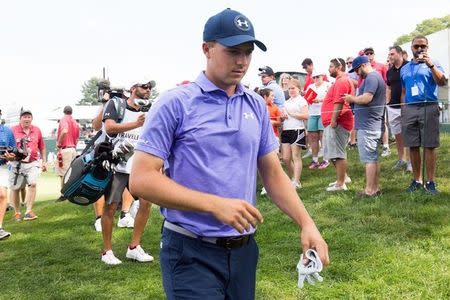 Jun 23, 2017; Cromwell, CT, USA; Jordan Spieth walks off the 17th hole during the second round of the Travelers Championship golf tournament at TPC River Highlands. Mandatory Credit: Bill Streicher-USA TODAY Sports