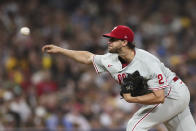 Philadelphia Phillies starting pitcher Aaron Nola throws to a San Diego Padres batter during the fifth inning of a baseball game Friday, June 24, 2022, in San Diego. (AP Photo/Derrick Tuskan)