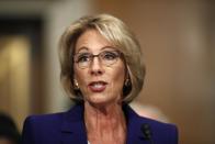 Education Secretary-designate Betsy DeVos testifies on Capitol Hill in Washington, Tuesday, Jan. 17, 2017, at her confirmation hearing before the Senate Health, Education, Labor and Pensions Committee. (AP Photo/Carolyn Kaster)