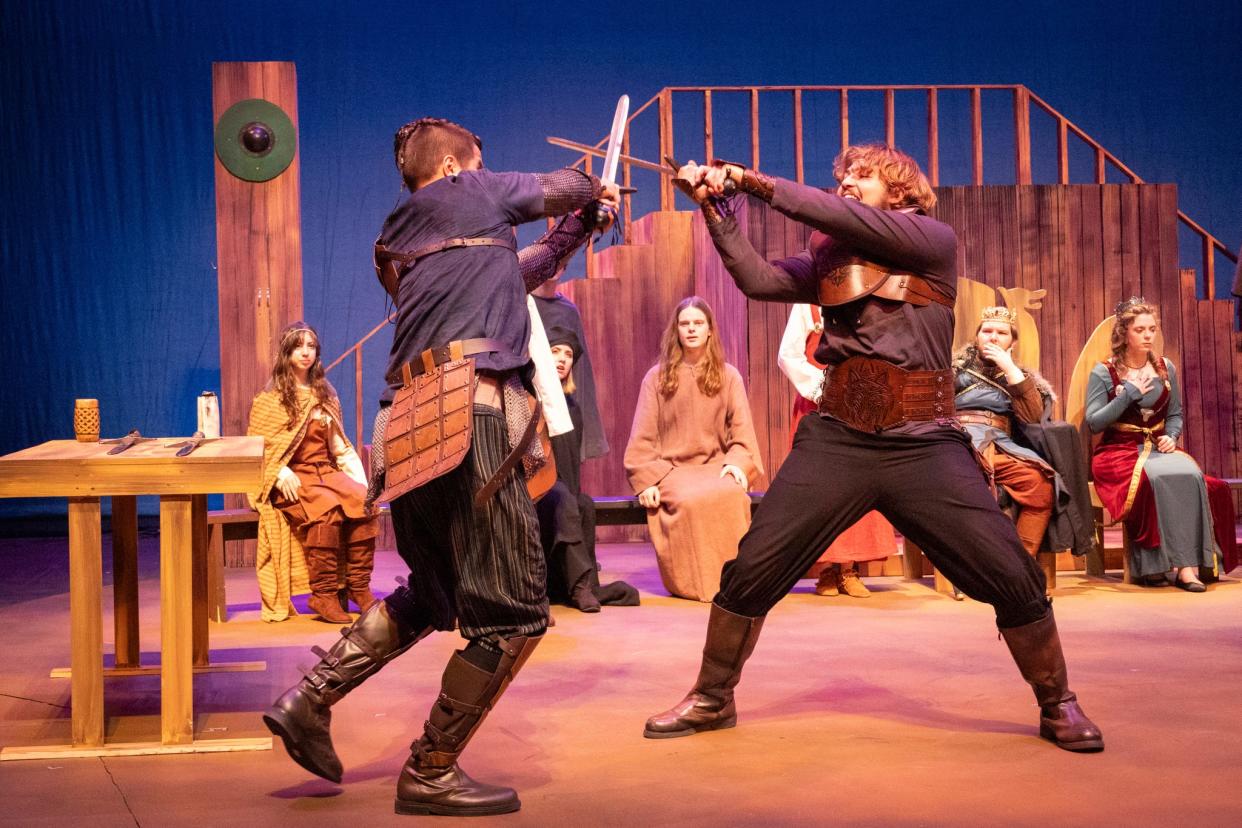 The Hillsdale College Tower Players perform a sword-fighting scene.