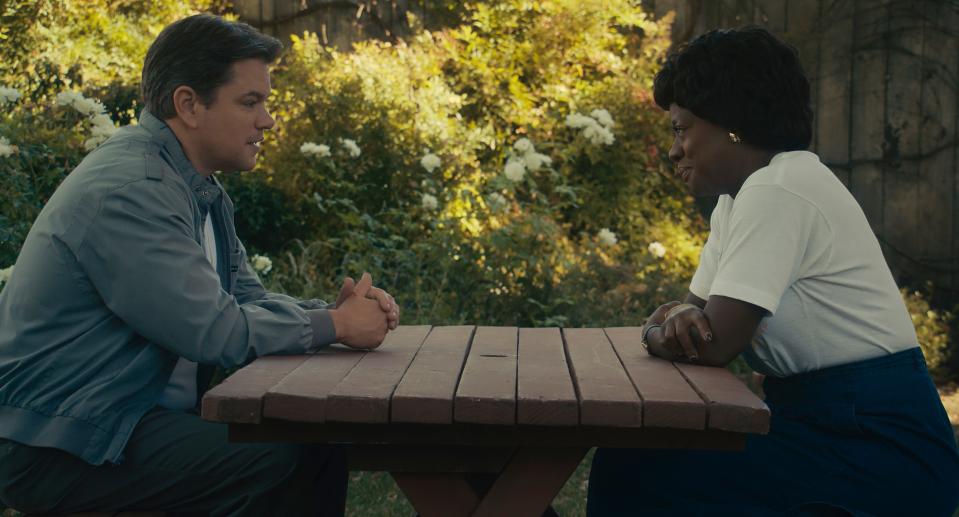 Matt Damon as Sonny Vaccaro and Viola Davis as Deloris Jordan in "Air."