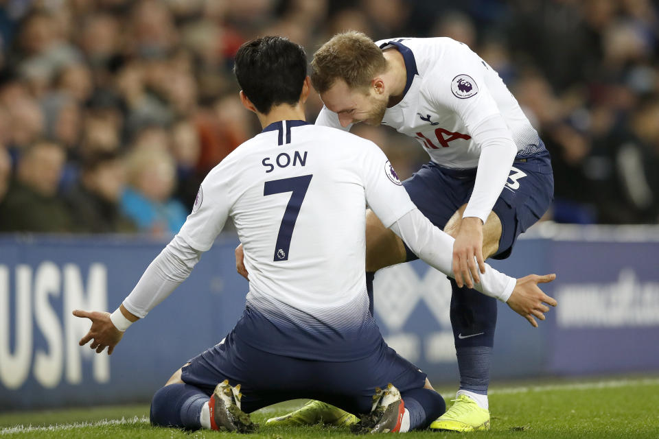 Tottenham Hotspur’s Son Heung-min (left) celebrates his side’s first goal of the game with Christian Eriksen, who was also on the mark
