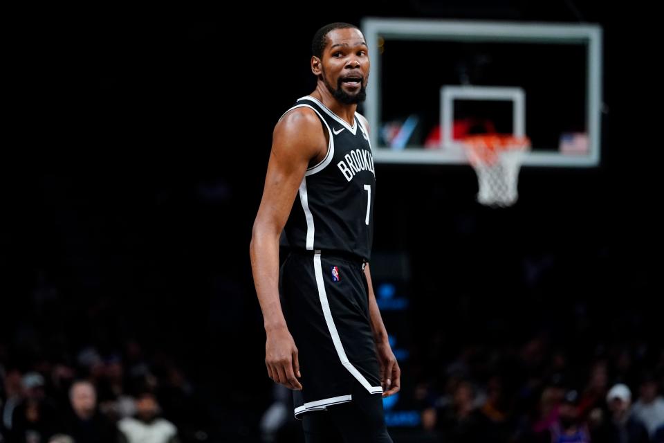 Brooklyn Nets' Kevin Durant (7) argues a call during the first half of an NBA basketball game against the Detroit Pistons Tuesday, March 29, 2022 in New York. (AP Photo/Frank Franklin II)