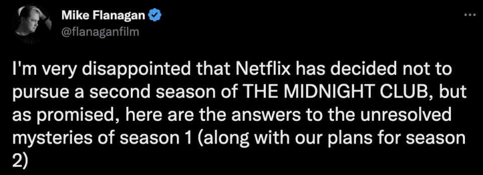 Mike Flanagan said he was ‘very disappointed’ following Netflix’s ‘Midnight Club’ cancellation (Twitter)