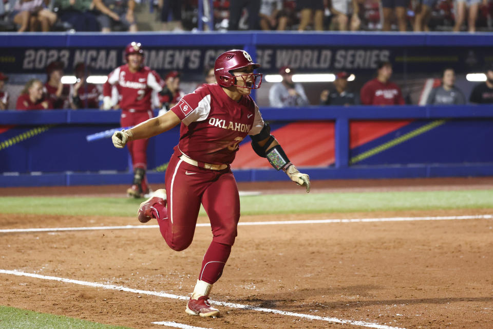 Alyssa Brito celebrates as Oklahoma softball looks inevitable at the Women's College World Series. (Photo by Justin Tafoya/NCAA Photos via Getty Images)