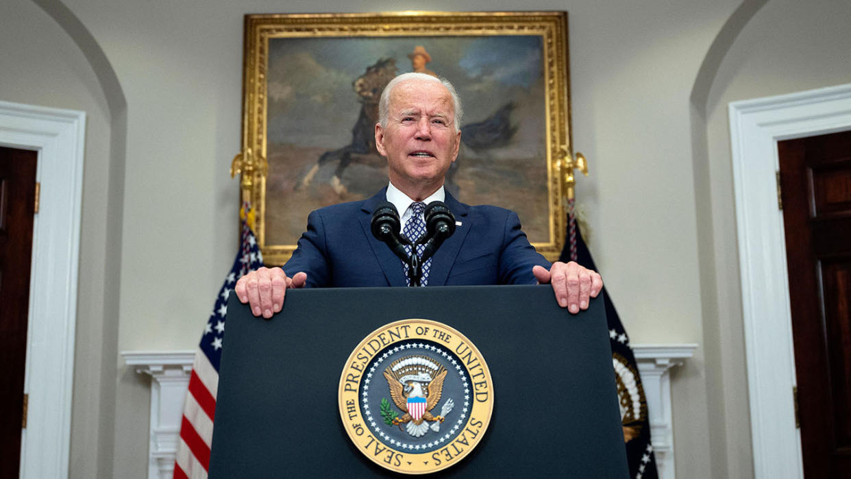 US President Joe Biden speaks about the ongoing evacuation of Afghanistan, on August 24, 2021, from the Roosevelt Room of the White House in Washington, DC. (Jim Watson/AFP via Getty Images)